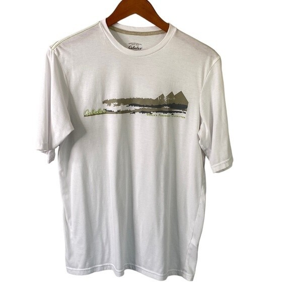 Cabela's White Dri-Release Short Sleeve Crew Neck Mountain Graphic T-Shirt Tee - Picture 1 of 13